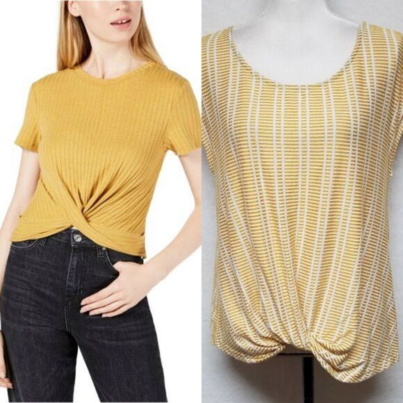 ANTHROPOLOGIE W5 Mustard Yellow Twist Front Textured Top Large - Picture 1 of 8